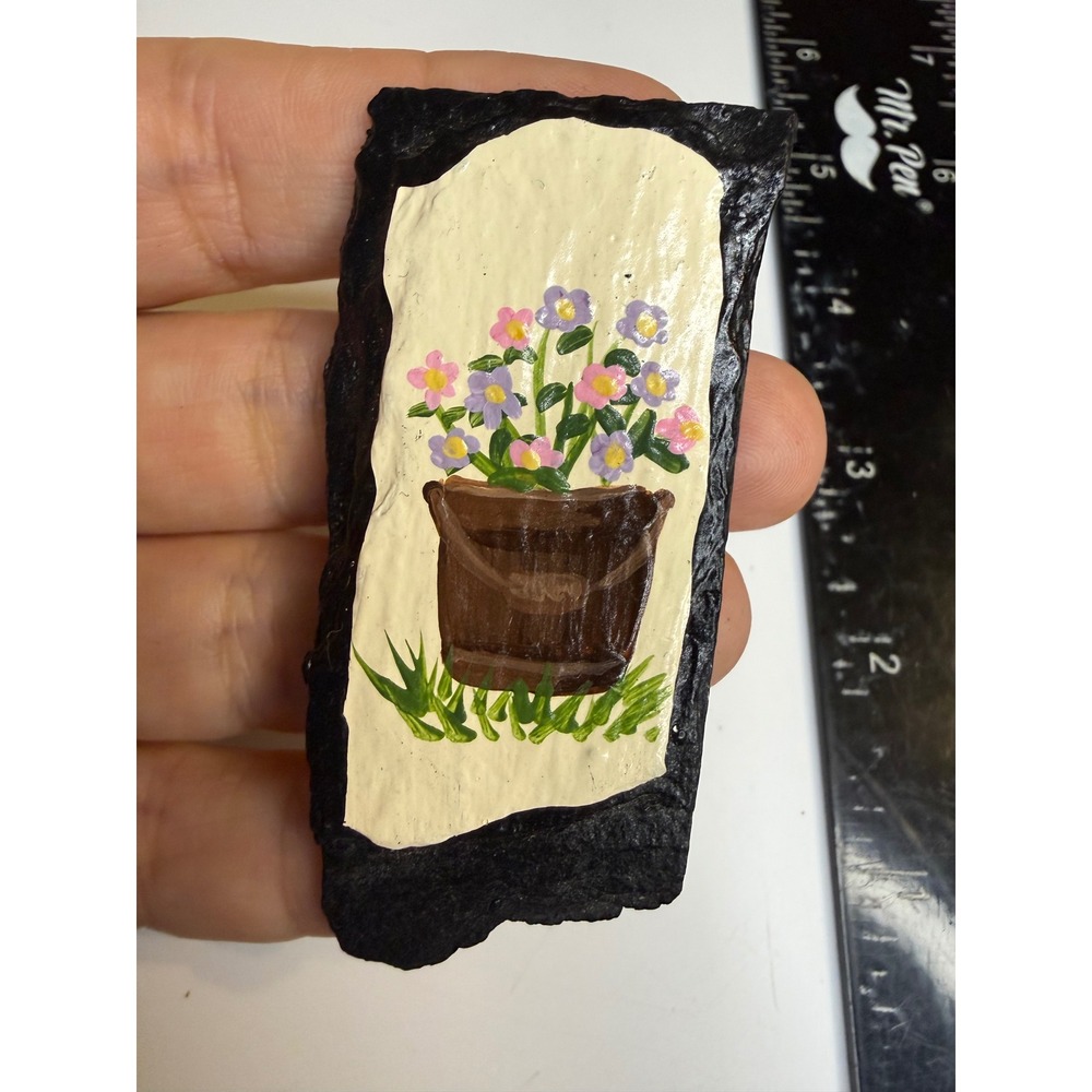 Hand Painted Slate Brooch Floral Bucket Pink Purple Flowers Black Stone Pin